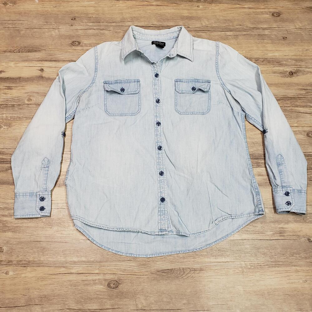 Lucky Brand Shirt Womens Large Blue Chambray Button Front Roll Tab Sleeves